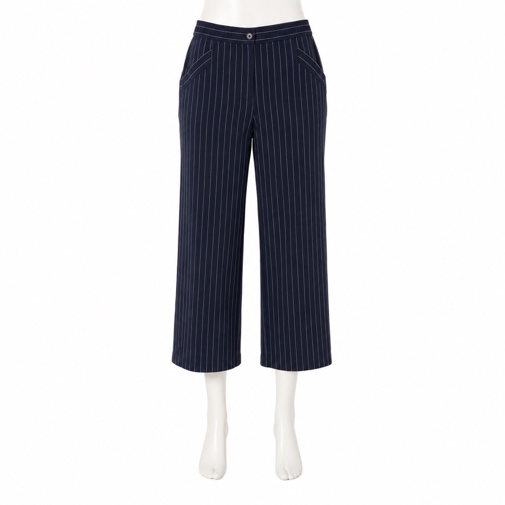 Eileen Fisher Tencel Lyocell Wide Leg Crop Pants Women's Medium Navy Pinstripe